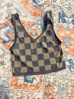 ANWND Women's Size M/L Checkerboard Printed Cropped Tank Top Green Black